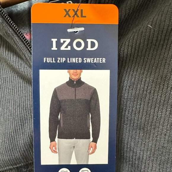 Izod Full Zip Lined Sweater Men's Size XXL Grey Relaxed Fit Stretch Warm (NEW) - Picture 7 of 16